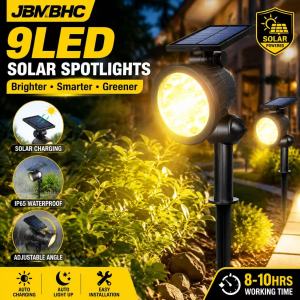 JBMBHC 2PCS Solar Powered Spotlights 9 LED Bright Outdoor Lighting Waterproof Landscape Light 180 Degree Adjustable Solar Panel Ground Stake Wall Mount For Christmas Patio Lawn