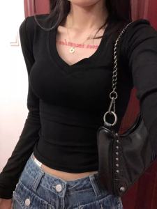 Bo Laicai Womens V-Neck T-Shirt Long Sleeves Spring Autumn Winter Black Slim Fit Waist-Length Top for Work Clothing