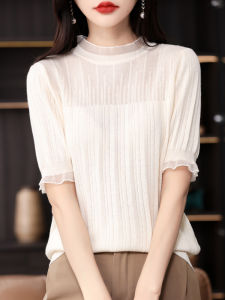 Womens Hollow out Short Sleeve Knitwear Lace Splicing Ogees Base Shirt Fashionable College Style Commute Pure Color Regular Length