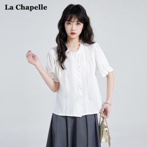 La Chapelle Womens Fashion Shirt Collared Patchwork Breathable Korean Style Straight Cut Short Sleeve V-neck Top