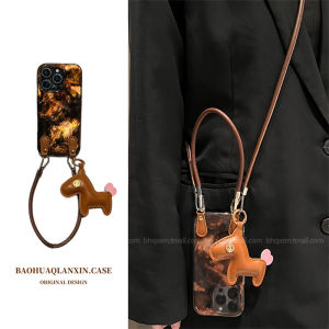 เคสโทรศัพท์มือถือแบบสะพายข้างสีดำและน้ำตาลแปรผันแบบมีสายคล้องสำหรับ Apple 16promax iPhone 15promax ดีไซน์เรียบง่าย สไตล์เรโทร