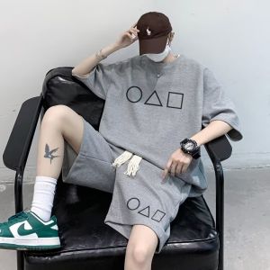Waffle Suit Mens Summer Plus Size Fashion Brand Short Sleeve Ins High Street Hong Kong Style Shorts Youth Sports Two-piece Set
