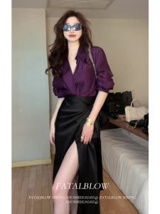Fashionable Two-Piece Set Womens Early Spring New French Style Elegance Purple Long Sleeve Shirt with Half-length Skirt Queen Bee