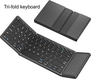 Foldable Wireless Keyboard with Touchpad Portable Bluetooth Keyboard with Holder Rechargeable Full Size Ultra Slim Black Pocket Keyboard Display for Win/IOS/Android-Black with Battery Level Alert