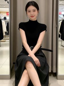 V.C.I | Slimming High Neck Black Short Sleeve T-Shirt Small Flounce Icy Silk Knit