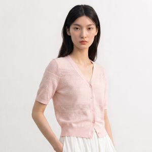 DESIGNICE | Stylish V-neck Short Sleeve Knit Cardigan with Texture
