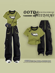 Retro American Printed Two-Piece Set: Sweet and Spicy Summer Outfit with Short Sleeve T-Shirt Crewneck Pullover and Work Pants