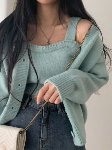 Chic Gentle and Comfortable Sweater Women Short Autumn and Winter Knitting Cardigan Outwear + Elegant Underwear Spaghetti-Strap Slip Women