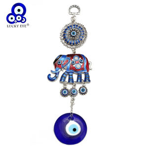 Lucky Eye Alloy Elephant Glass Blue Turkish Evil Eye Pendant Charm Wall Hanging Decorations for Home Living Room Car BE230