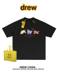 เสื้อยืดแขนสั้นผู้ชาย Drew American Brand ลายการ์ตูนแมว สไตล์ย้อนยุค หลวมๆ สำหรับนักเรียนและคู่รัก เสื้อแขนยาวครึ่งตัว