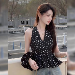 chaqi | Pure Desire Black Polka Dot Sleeveless Vest Womens Summer Outerwear Design Sense Waist Cinch Backless Small Shirt Top
