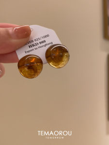 Vintage Amber Glowing round Ball S925 Silver Needle Earrings Womens Retro Autumn Winter High-End Feeling Ear Jewelry