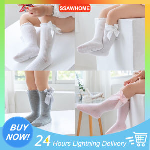 Christmas Toddler Baby Girls Bowknot Sweet Princess Socks Cotton Knee Socks High Long Sock Solid Color Striped Stockings For 1-3 Years Old (White/Pink/Red)