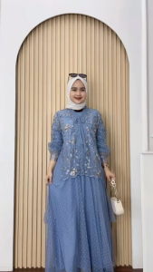 Muthia Dress Set 2in1 Gamis Kondangan Wanita Dewasa Bahan Jersey Mix Tille Gaun Pesta Wanita Muslim Model Modern Kekinian Terbaru 2025