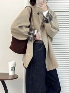 เสื้อแจ็คเก็ตทรงหลวมสไตล์อังกฤษสำหรับผู้หญิงในฤดูใบไม้ผลิปี 2025 ทรงหลวม สไตล์ย้อนยุค สีสันสดใส เสื้อคลุมกันหนาวผู้หญิง