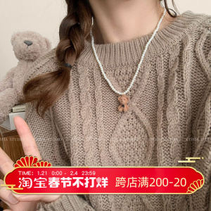 สร้อยคอหมีผ้าขนแกะพร้อมลูกปัด เครื่องประดับแฟชั่นสำหรับผู้หญิง ฤดูใบไม้ผลิ 2024 สไตล์เกาหลี รetro หรูหรา โซ่เสื้อกันหนาว เครื่องประดับแฟชั่น