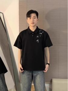 New Chinese Style Black Polo Shirt Short Sleeve Men Summer Bamboo Embroidery Trendy Half Sleeve Top 280g Heavy Five Sleeve