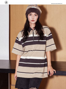 Beikastudios American Retro Stripes T-shirt Womens Summer Loose Casual Neutral Half Zipper Short Sleeve Polo Shirt