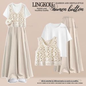 NUMEN BUTTON | Oversized Lazy Style Set Knitted Lace Vest High Waist Slim Fit Pants