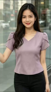 Korean Style Solid Color V-Neck Puff Sleeve Womens Blouse Casual And Elegant Top L2422