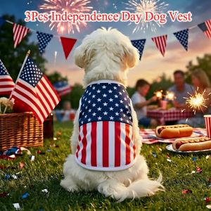 3Pcs 4th of July Pet Outfit Breathable Mesh Dog Vest American Flag T-shirt Summer Puppy Clothes Independence Day Party Costume