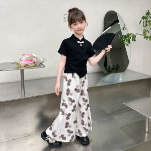 Summer Girls Short Sleeve Wide Leg Pants Two-Piece Cotton Baby T-Shirt Chinese Style National Style Set for Children And Babies