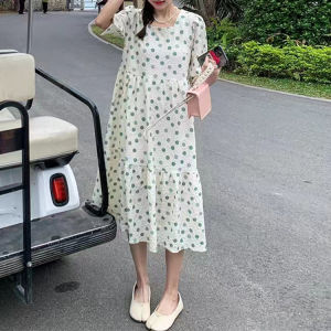 ชุดเดรสคอเหลี่ยมลายจุดสไตล์ฝรั่งเศสฤดูร้อนใหม่สำหรับผู้หญิงไซส์เล็ก ชุดเดรสกระโปรงทรงเอแขนสั้นเอวสูง