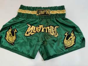 Ram Lumpini Satin Muay Thai Fight Shorts Green Gold English Text Extra Large