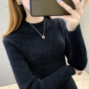 White Mink Sweater Womens Autumn Winter Thickened Half High Collar Slim Fit Base Layer Knitted Top Commute Style Long Sleeve