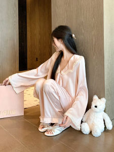 ชุดนอนผ้าไหมน้ำแข็งแขนยาวสำหรับผู้หญิง ชุดอยู่บ้านเซ็กซี่ ฤดูใบไม้ผลิและฤดูใบไม้ร่วง ชุดนอนผ้าไหมน้ำแข็งลายดอกไม้