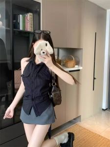 Slim Fit Stripe Polo Neck Sleeveless Shirt Womens Summer Vintage Waist Cinched Design Unique Top Commute Style Splice Element