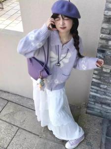 Womens Knitted Short Cardigan Long Sleeve Turn-down Collar Butterfly Knot Design Lazy Gentle Style Outerwear Sweater