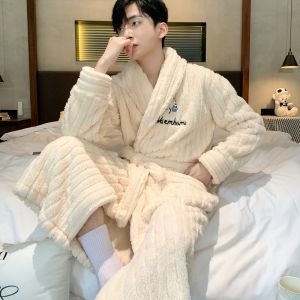 Áo Choàng Tắm Lông Cừu Coral Dày Dặn Ấm Áp Dài Bằng Vải Nỉ Flannel Quần Áo Mặc Nhà Cho Nam Mùa Đông Ấm Áp Thoải Mái