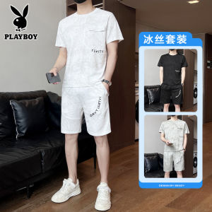 Playboy Mens Casual Ice Silk Summer New White Handsome Sport Short Sleeve Shorts Set Polyester Nylon Spandex Youth Fit