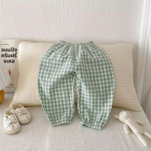 วินเทจผ้าลินินลายสก๊อตกางเกงกันยุงสําหรับหนุ่มๆสาวๆสบายๆหลวมกางเกงฮาร์ลานเอวยางยืดกระเป๋ากางเกงเสื้อผ้าเด็กวัยหัดเดิน