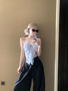 Màu Đen Sọc Gợi Cảm Mùa Hè Thiết Kế Nút Thắt Bướm  Áo Hai Dây Nữ Ống Tiếp Xúc Vai Áo Khoác Ngoài Ngắn Kiểu Dáng Ham Muốn Thuần Khiết Áo