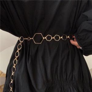 Gold Hexagonal Waist Chain Belt Womens Shirt Suit Waistband Decorative Skirt Chain Geometric Pattern Two Layer Cowhide