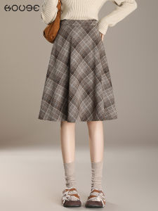 Khaki Woolen Plaid Umbrella Skirt High Waist Autumn Winter Womens Mini Midi Skirt Commute Vintage Style with Inner Lining