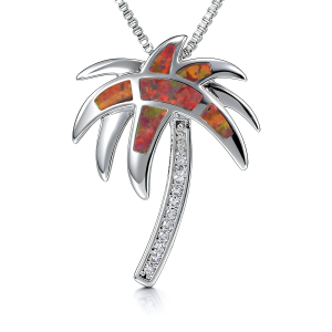 Fiery Opal Palm Tree Pendant NecklaceSilver Plated with Zirconia TrunkTropical Vacation JewelryUnique Summer Gift for Women