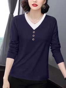Womens Loose Fit Long Sleeve V-Neck T-Shirt Pure Cotton Splice Color Autumn New Style Casual Versatile Slimming Large Size Base Top