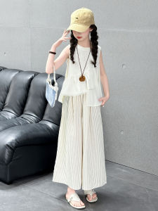 Girls Summer Thin Set Sleeveless Wide Leg Pants Cool Feeling Two Piece Suit Childrens Fashion Cotton round Neck Pullover
