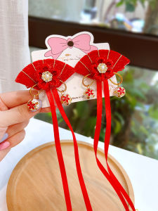 Velvet Red Fan Hair Clip Chinese Style Baby New Year Hair Accessories Girls Children Sash Tassel Hanfu Headwear Baby Hair Card