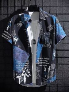 Nam Rộng Rãi Fit Thoải Mái Áo Sơ Mi Tay Ngắn Mỏng Thời Trang Mùa Hè Retro Cặp Đôi Thời Trang Báo In Băng Cảm Giác Nhẹ Áo Sơ Mi