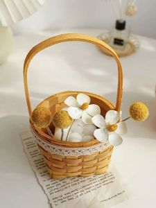 1pc Handmade Wood Woven Basket with Lace Trim Portable Storage Basket with Handle Small Picnic Flower Basket for Home Decor Pa