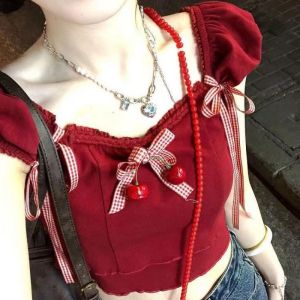 Áo Thun Nữ Tay Ngắn Cổ Vuông Thắt Nút Bướm Màu Đỏ Rượu Vang Mùa Đông 2025 Áo Thun Tay Dài Ôm Vừa Vặn Phong Cách Ngọt Ngào