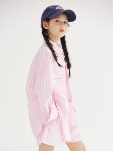 Mpeng Girls Casual Striped Shirt Pink Long Sleeve Sun Protection Cotton Polyester Blend Spring Autumn Wear for Kids
