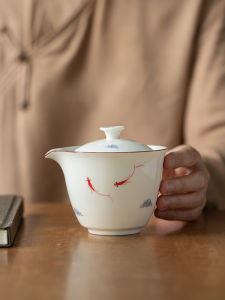 Hand-Painted Ceramic Tea Set Single-Person Use White Porcelain Hand-Held Teapot Lid Bowl for Brewing Tea Non-Heating Handle