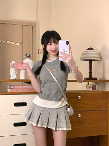 Seamless Splice Short Sleeve Womens T-shirt Embroidered Flower Shoulder Knitted Top Korean Style Fake Two-Piece Short Design