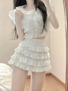 Sweet and Spicy Young Shirt Top Suit Womens High Waist Figure Flattering Short Skirt Summer New Arrival Western Style Two-Piece Suit