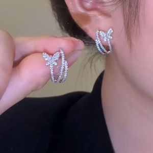Butterfly Micro-Paved Diamond Earrings Silver Needle Unique Design Elegant Simple Fashion Ear Jewelry Popular 2025 Hoop Earrings